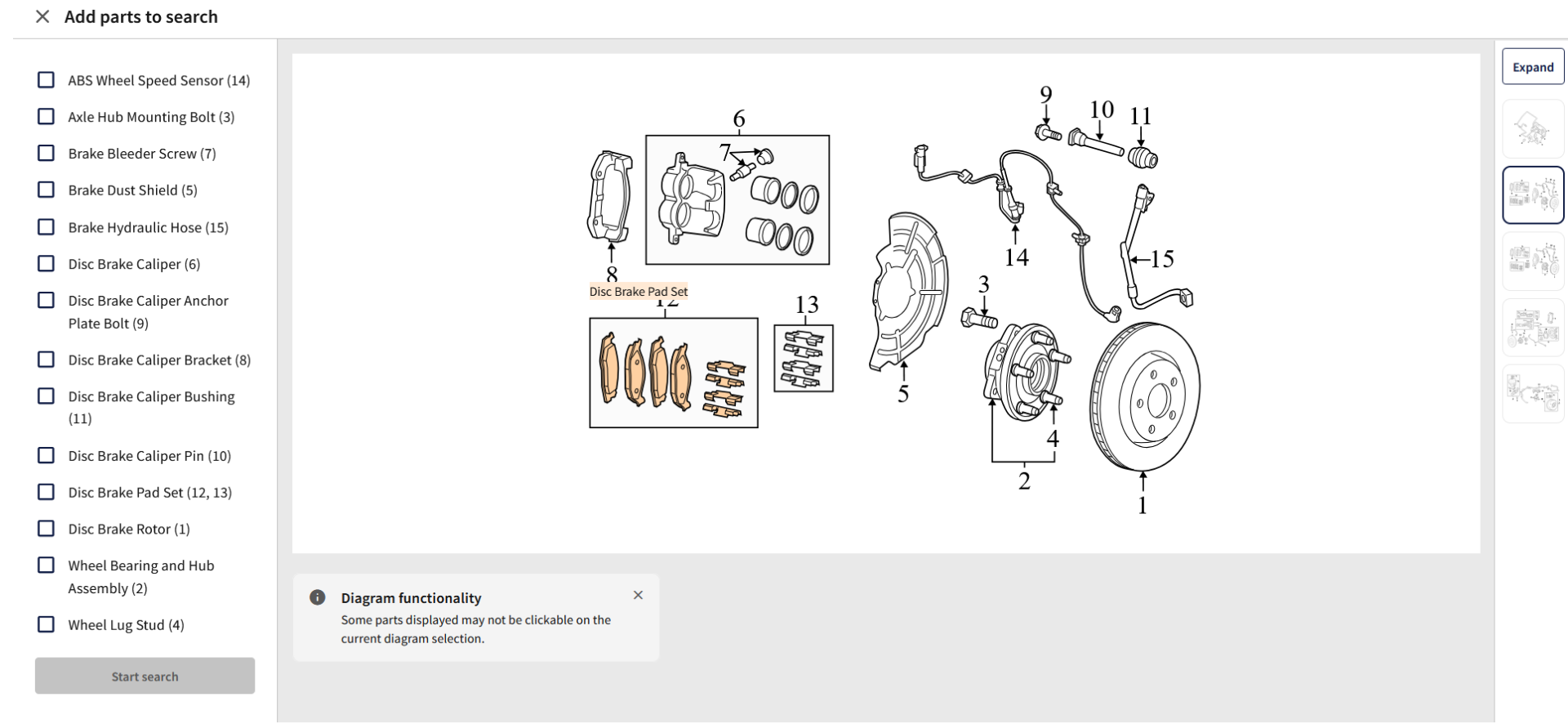 PartsTech clickable parts diagram. Brake components with numbered callouts and a checkbox parts list on the left